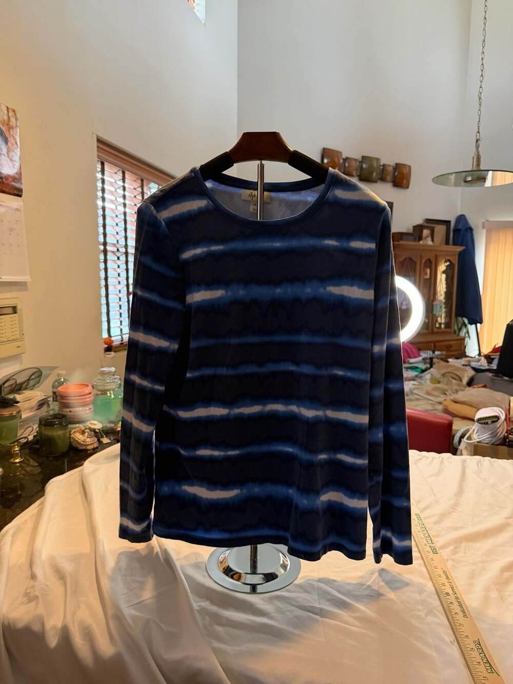 Style & Co Long Sleeve Shirt Size PL Blue White Stripe Tie Dye Crewneck